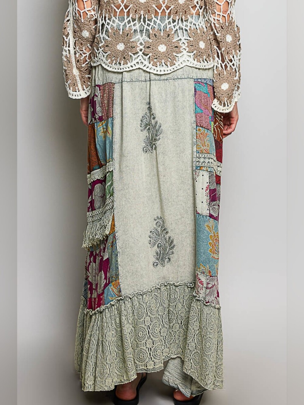 2-0610 POL Patchwork Fringe Boho Maxi Skirt in Sage Green - Picture 5 of 6